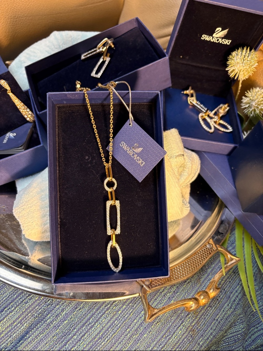 Swarovski Gold and Silver Crystal Link Pendant Necklace